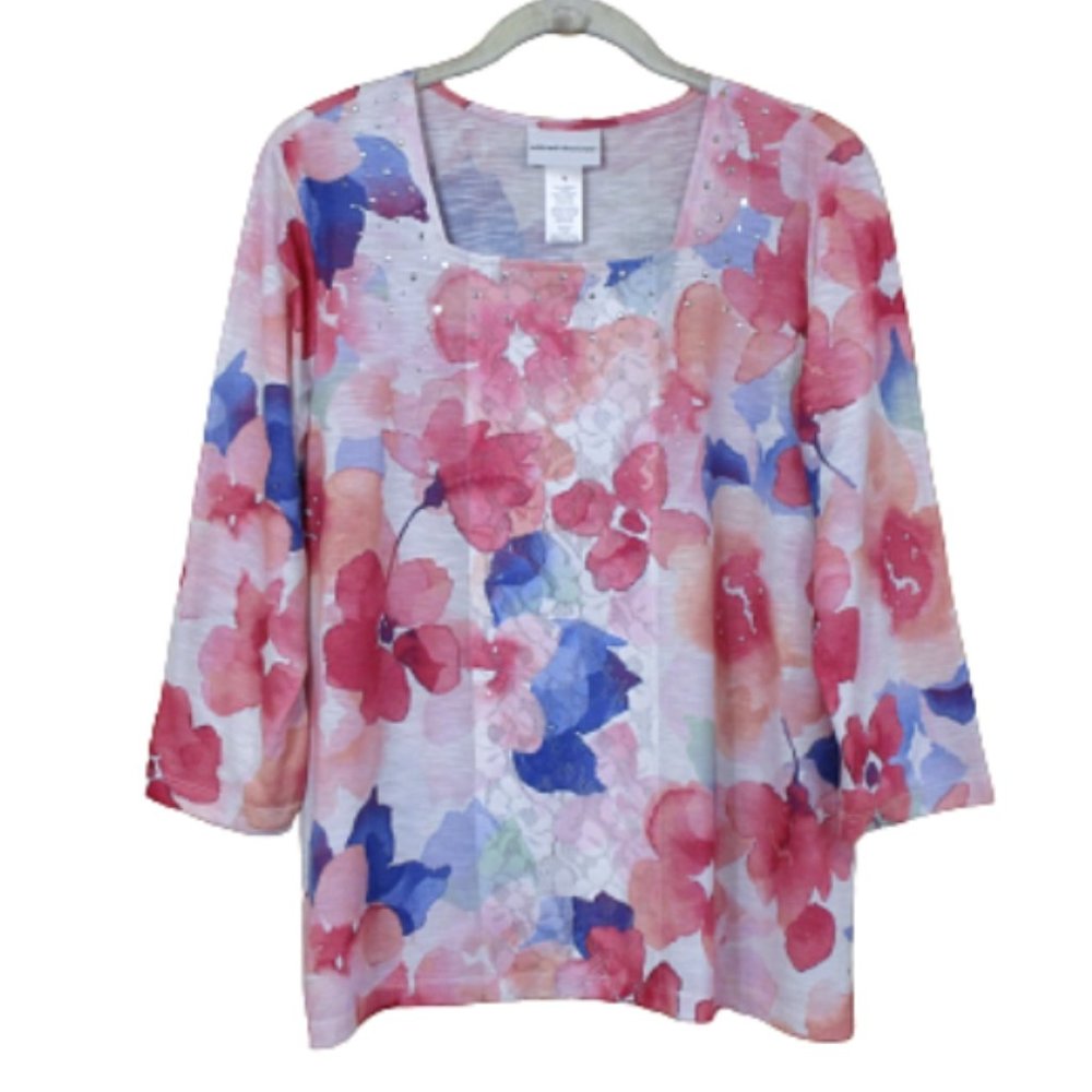 Alfred Dunner Floral Print 3/4 Sleeve Embellished Top M